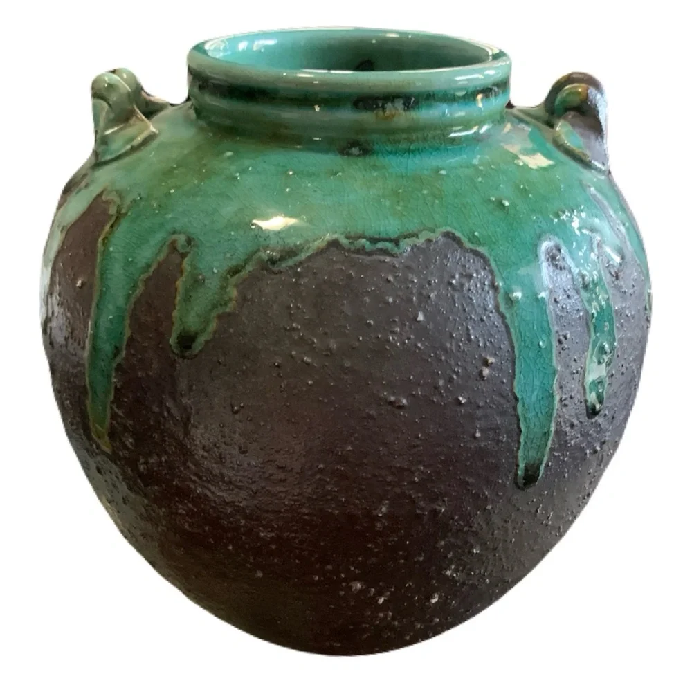 Vintage 1950s-70s Japanese Studio Pottery Drip Green Brown Lava Glaze MCM Vase